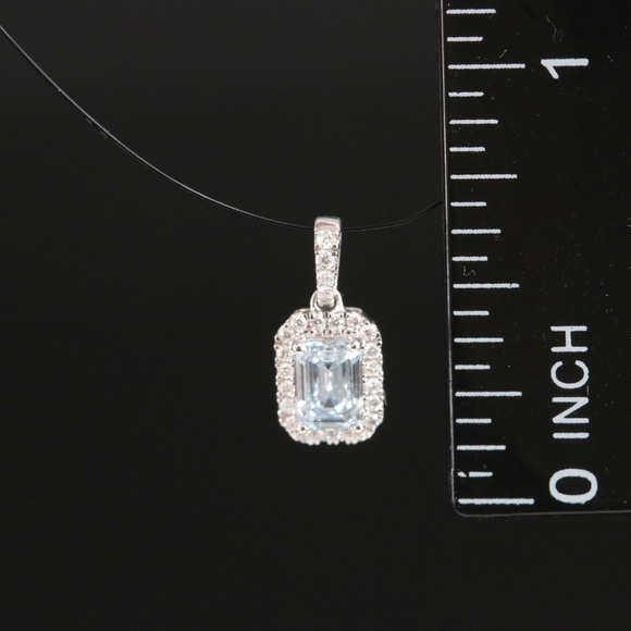 14K White Gold LAB CREATED Emerald Cut Blue Diamond Pendant - Picture 2 of 12